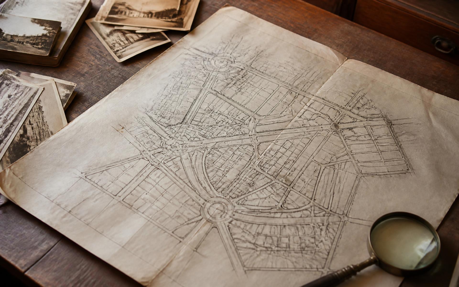 A 1911-era hand-drawn planning map of Myers Park on an archive table