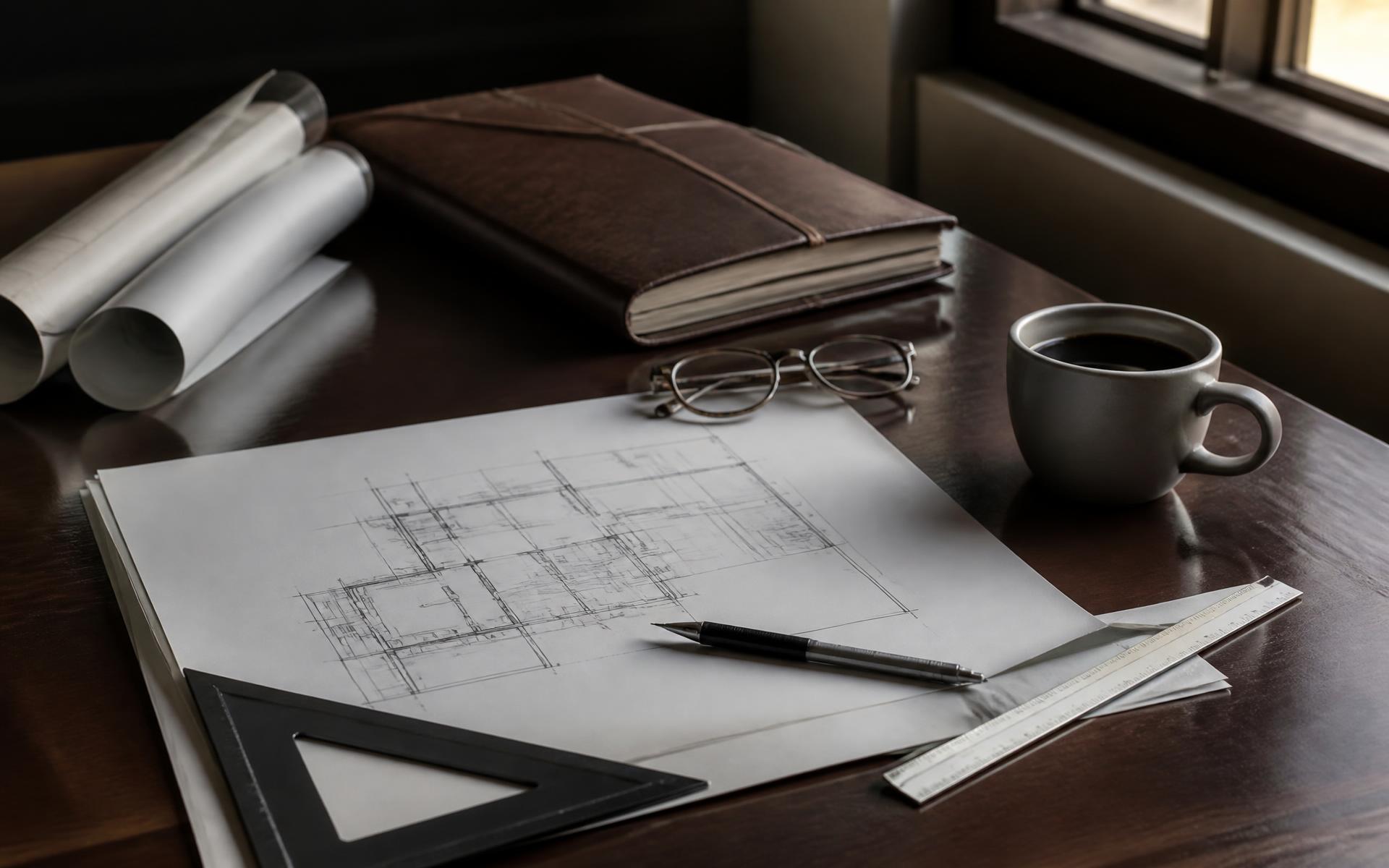 Architect desk with rolled plans and drawings for a Myers Park project