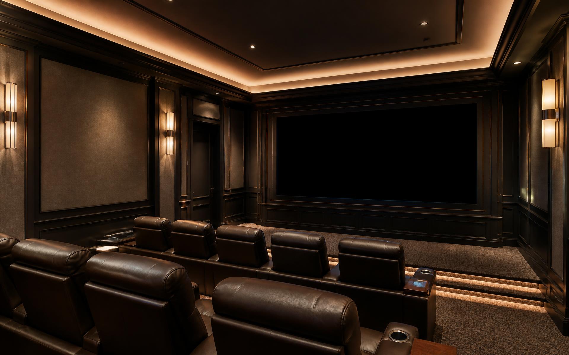 Private home theater with tiered leather seating in a Charlotte luxury home
